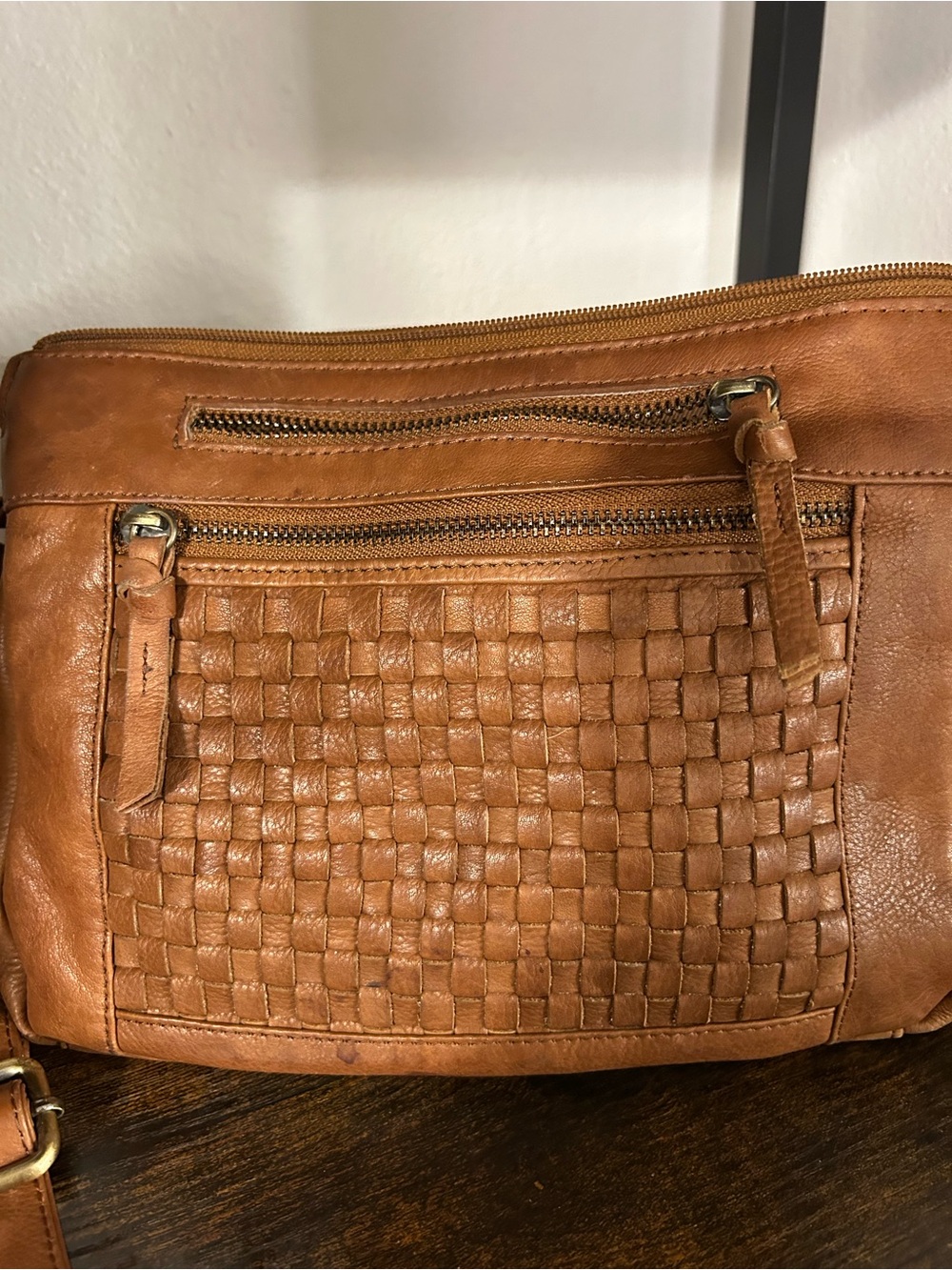 American Leather Company Woven Leather Crossbody Bag in Tan